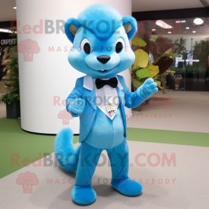 Sky Blue Mongoose mascot costume character dressed with a Suit Pants and Hair clips