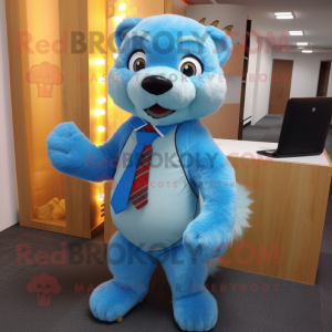 Sky Blue Mongoose mascot costume character dressed with a Suit Pants and Hair clips