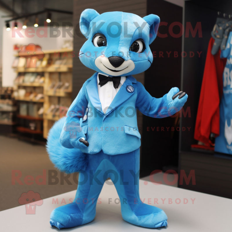 Sky Blue Mongoose mascot costume character dressed with a Suit Pants and Hair clips