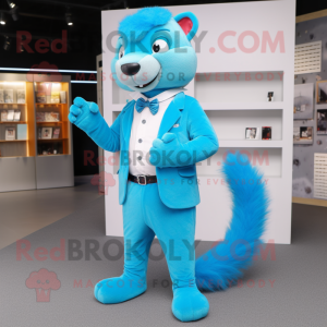 Sky Blue Mongoose mascot costume character dressed with a Suit Pants and Hair clips