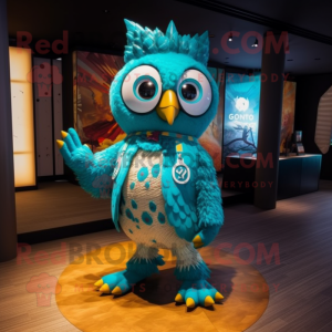 Turquoise Owl mascot costume character dressed with a Bikini and Earrings