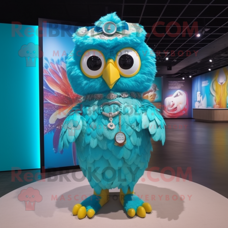 Turquoise Owl mascot costume character dressed with a Bikini and Earrings