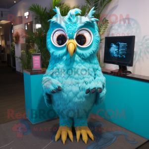 Turquoise Owl mascot costume character dressed with a Bikini and Earrings