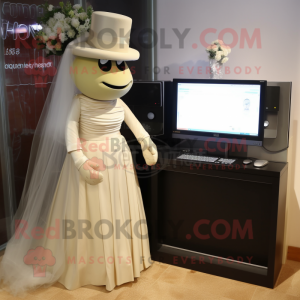 Beige Computer mascot costume character dressed with a Wedding Dress and Watches