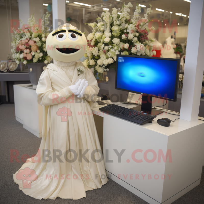 Beige Computer mascot costume character dressed with a Wedding Dress and Watches Beige Computer mascot costume character dressed with a Wedding Dress and Watches