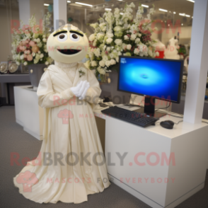 Beige Computer mascot costume character dressed with a Wedding Dress and Watches