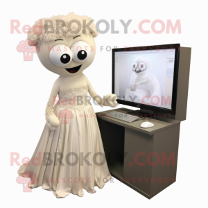 Beige Computer mascot costume character dressed with a Wedding Dress and Watches