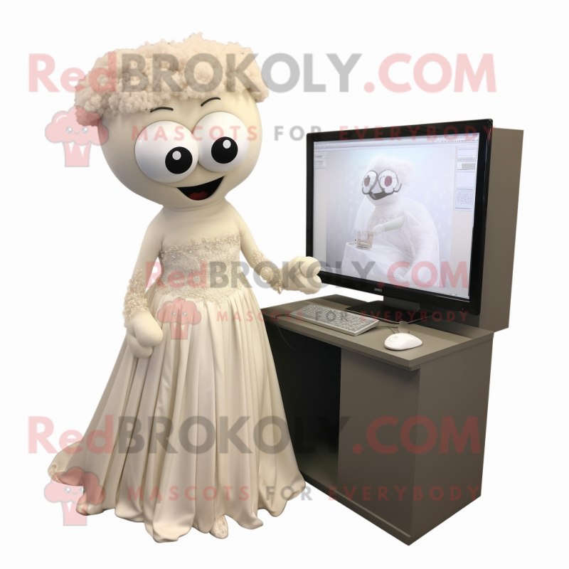 Beige Computer mascot costume character dressed with a Wedding Dress and Watches Beige Computer mascot costume character dressed with a Wedding Dress and Watches