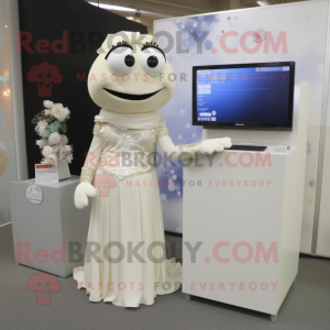 Beige Computer mascot costume character dressed with a Wedding Dress and Watches