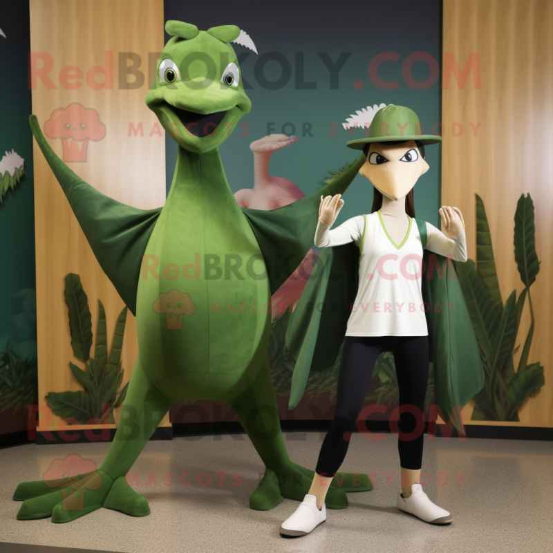 Forest Green Pterodactyl mascot costume character dressed with a Yoga Pants and Hats