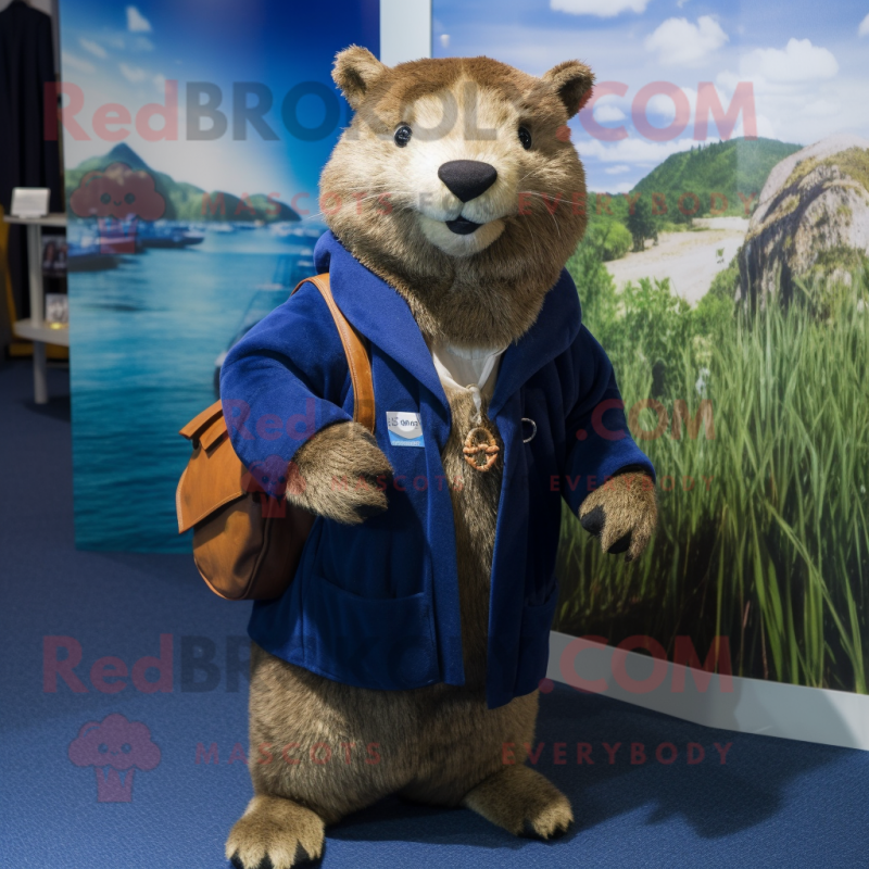 Navy Capybara mascot costume character dressed with a Cardigan and Wraps Navy Capybara mascot costume character dressed with a Cardigan and Wraps