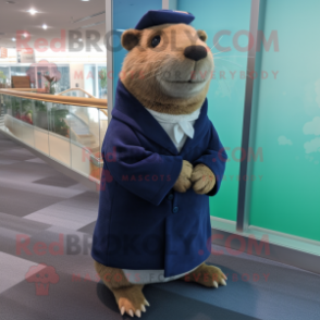 Navy Capybara mascot costume character dressed with a Cardigan and Wraps