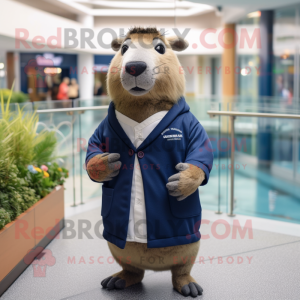 Navy Capybara mascot costume character dressed with a Cardigan and Wraps