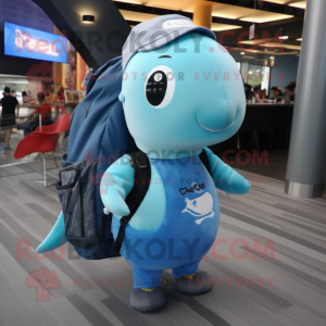 Sky Blue Narwhal mascot costume character dressed with a Graphic Tee and Backpacks