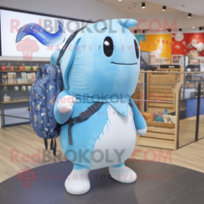 Sky Blue Narwhal mascot costume character dressed with a Graphic Tee and Backpacks