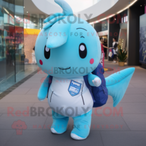 Sky Blue Narwhal mascot costume character dressed with a Graphic Tee and Backpacks