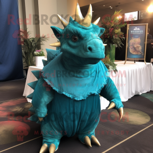 Teal Triceratops mascot costume character dressed with a Evening Gown and Shawl pins