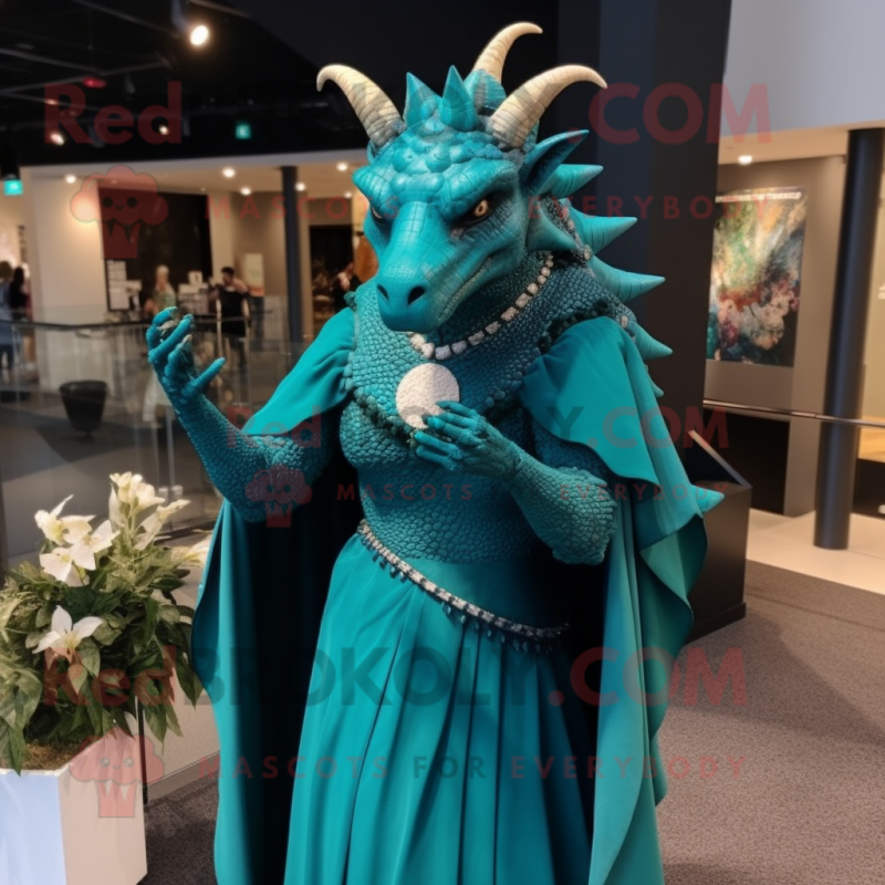 Teal Triceratops mascot costume character dressed with a Evening Gown and Shawl pins