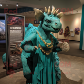 Teal Triceratops mascot costume character dressed with a Evening Gown and Shawl pins