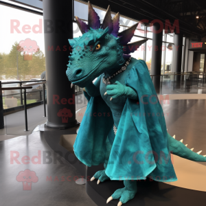 Teal Triceratops mascot costume character dressed with a Evening Gown and Shawl pins