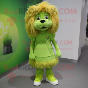 Lime Green Lion mascot costume character dressed with a Mini Dress and Shoe laces