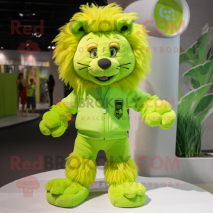 Lime Green Lion mascot costume character dressed with a Mini Dress and Shoe laces