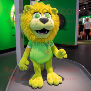 Lime Green Lion mascot costume character dressed with a Mini Dress and Shoe laces