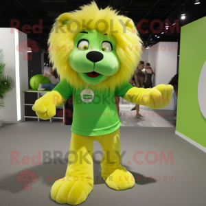 Lime Green Lion mascot costume character dressed with a Mini Dress and Shoe laces