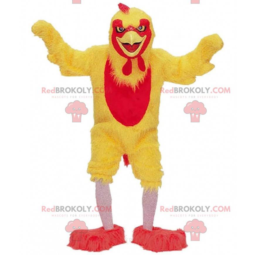 Mascote de galinha amarela e vermelha, fantasia de galo gigante