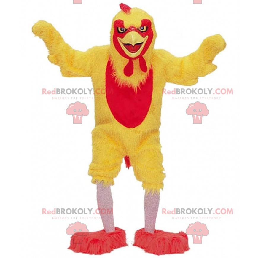 Mascotte di pollo giallo e rosso, costume da gallo gigante -