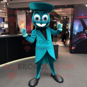 Teal Contortionist mascot costume character dressed with a Suit Pants and Earrings