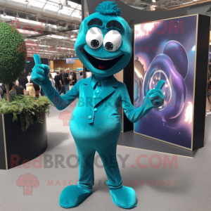 Teal Contortionist mascot costume character dressed with a Suit Pants and Earrings