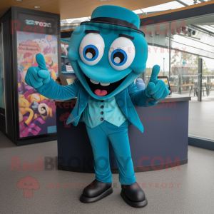 Teal Contortionist mascot costume character dressed with a Suit Pants and Earrings