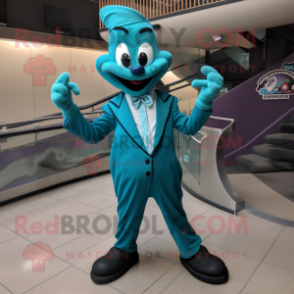 Teal Contortionist mascot costume character dressed with a Suit Pants and Earrings