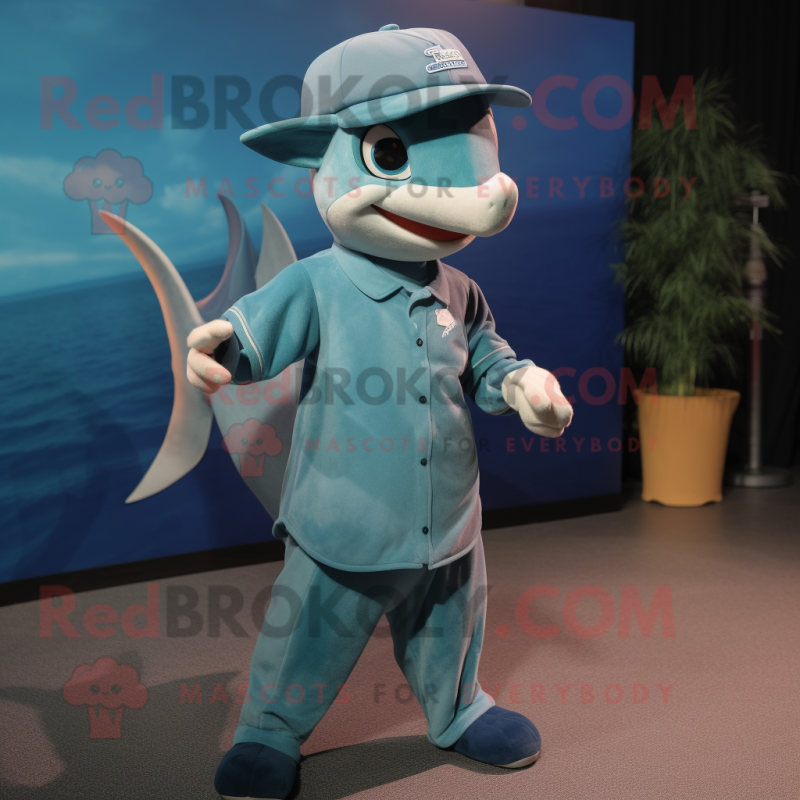 Teal Swordfish mascot costume character dressed with a Henley Shirt and Caps