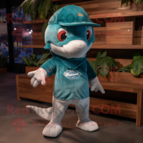 Teal Swordfish mascot costume character dressed with a Henley Shirt and Caps