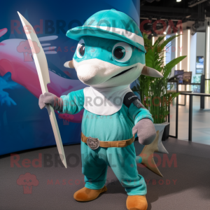 Teal Swordfish mascot costume character dressed with a Henley Shirt and Caps