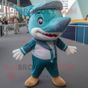 Teal Swordfish mascot costume character dressed with a Henley Shirt and Caps