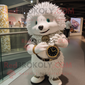 White Hedgehog mascot costume character dressed with a Bodysuit and Bracelet watches