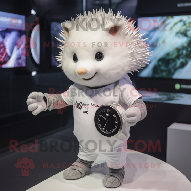 White Hedgehog mascot costume character dressed with a Bodysuit and Bracelet watches