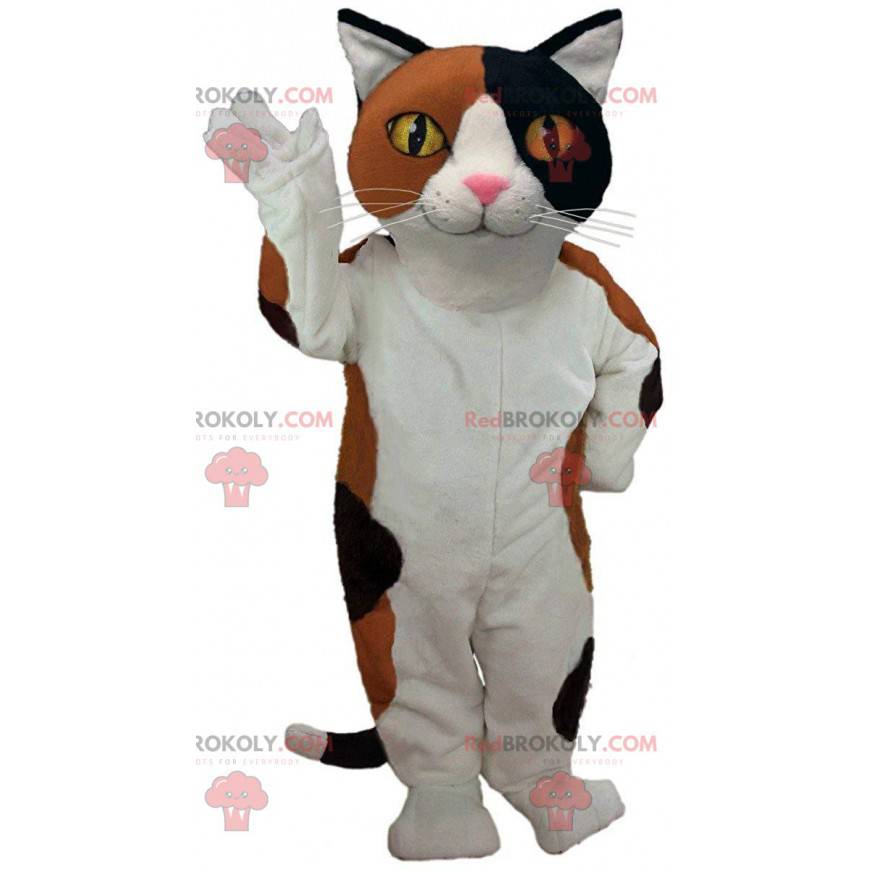 Witte, bruine en zwarte kat mascotte met gele ogen - Witte, bruine en zwarte kat mascotte met gele ogen -