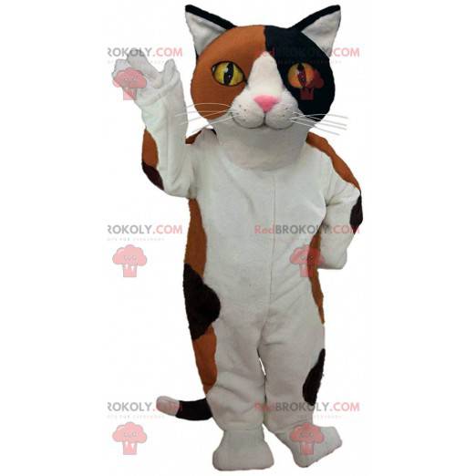 White, brown and black cat mascot with yellow eyes -