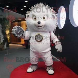 White Hedgehog mascot costume character dressed with a Bodysuit and Bracelet watches