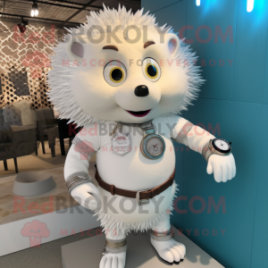 White Hedgehog mascot costume character dressed with a Bodysuit and Bracelet watches
