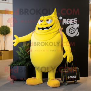 Lemon Yellow Ogre mascot costume character dressed with a Blazer and Tote bags
