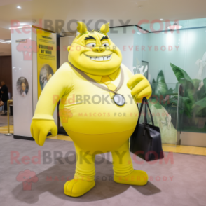 Lemon Yellow Ogre mascot costume character dressed with a Blazer and Tote bags