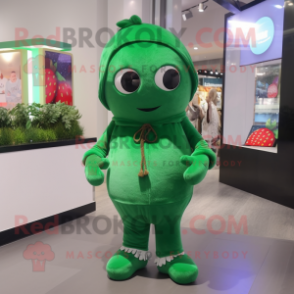 Forest Green Strawberry mascot costume character dressed with a Jumpsuit and Scarves