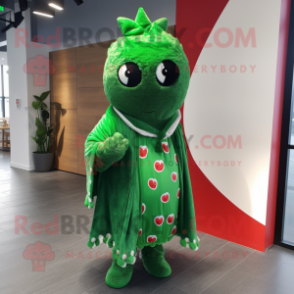 Forest Green Strawberry mascot costume character dressed with a Jumpsuit and Scarves