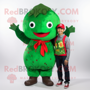 Forest Green Strawberry mascot costume character dressed with a Jumpsuit and Scarves