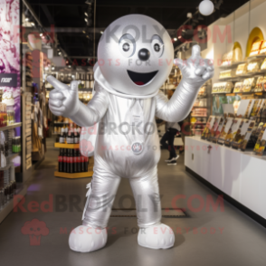 Silver Champagne mascot costume character dressed with a Romper and Backpacks